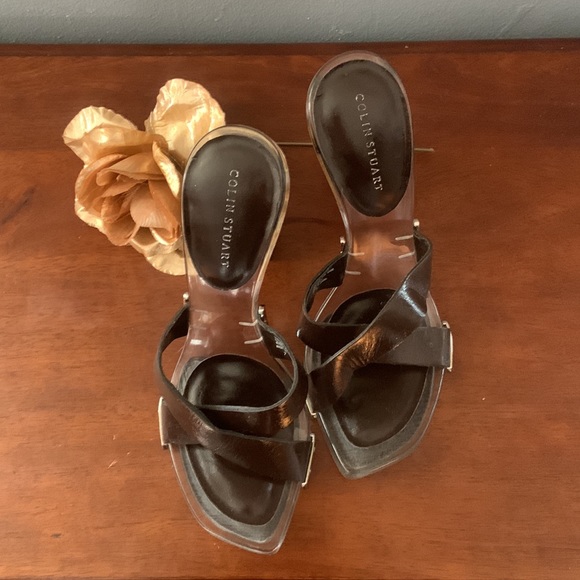 COLIN STUART GENUINE brown leather upper, clear sole, 3 1/2 inch platform heels. - Picture 3 of 4